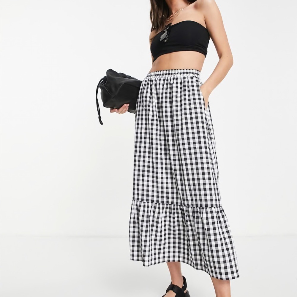 ASOS DESIGN Black White Gingham Tiered Midi Skirt High Rise Elastic Waist, 6 ,
